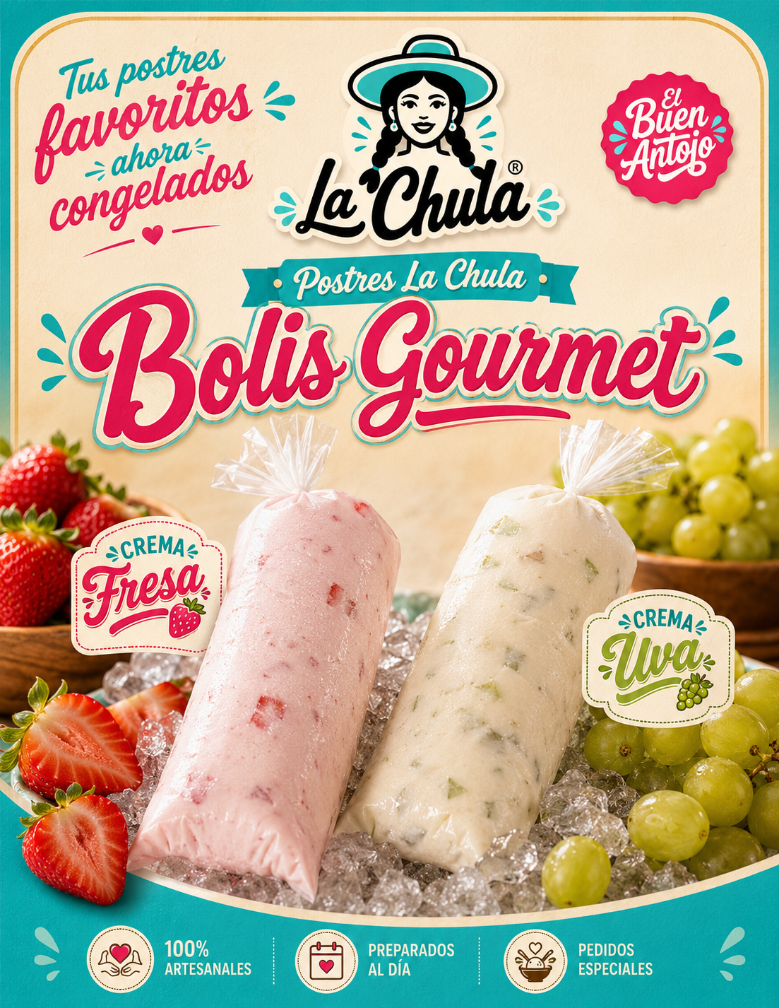 Bolis de crema de fresa y uva