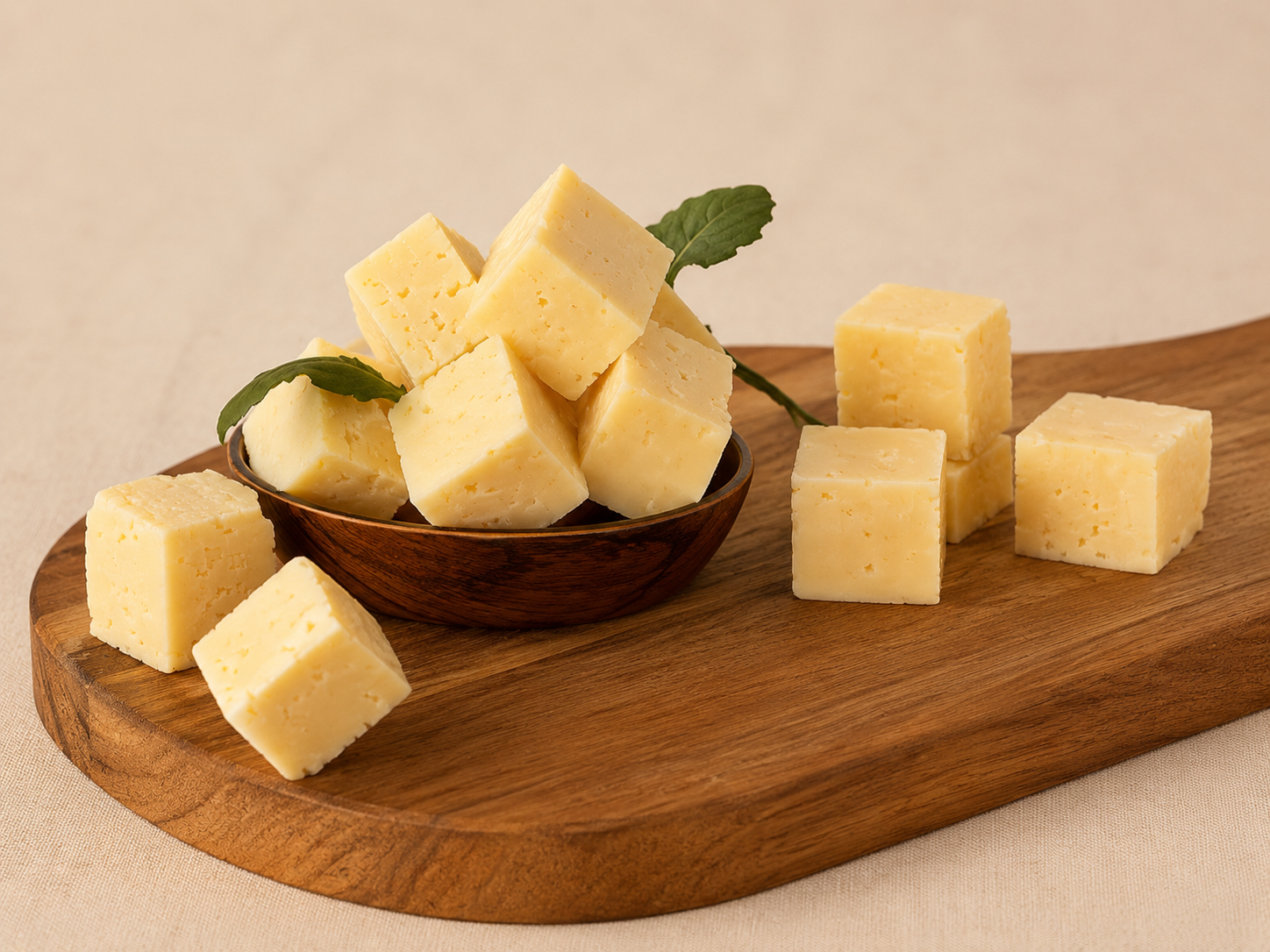 Cubos de queso gouda en un cuenco de madera